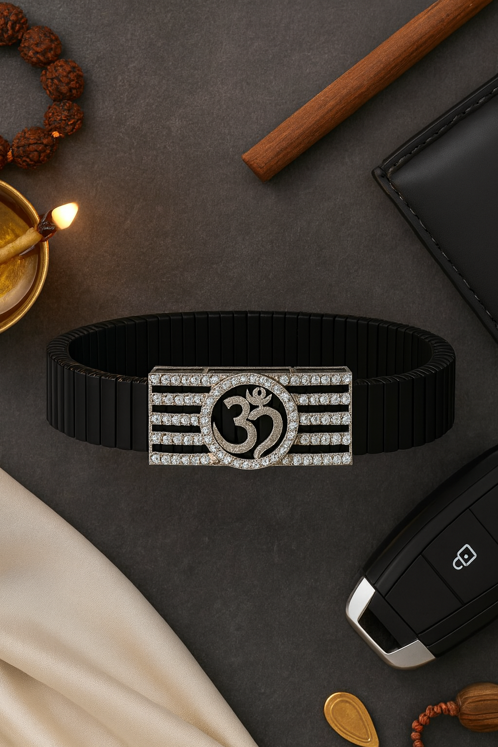 Om Religious Men’s Bracelet Black Ceramic Stretch Band with Silver CZ Devotional Plate