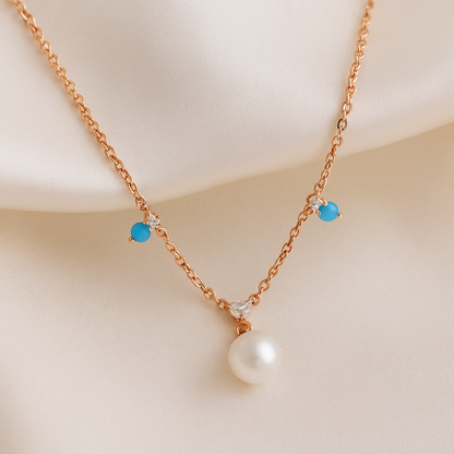 Rose Gold Pearl Pendant Necklace with Blue Beads for Women