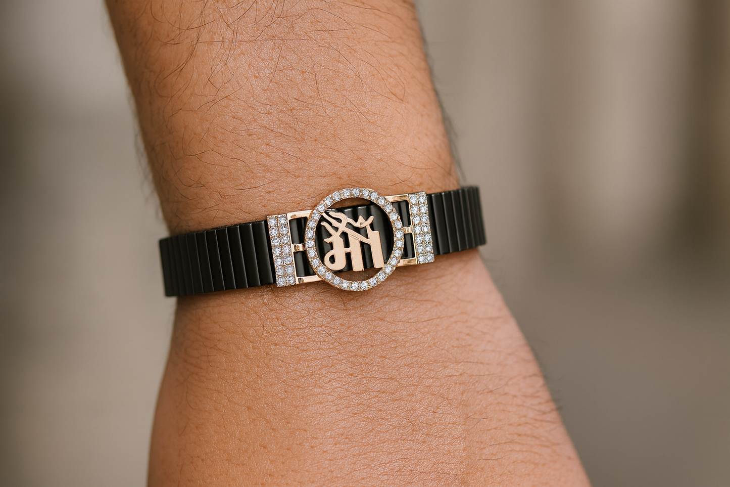 Premium Maa Logo Men’s Bracelet Black Ceramic Stretch Band with Rose Gold CZ Plate