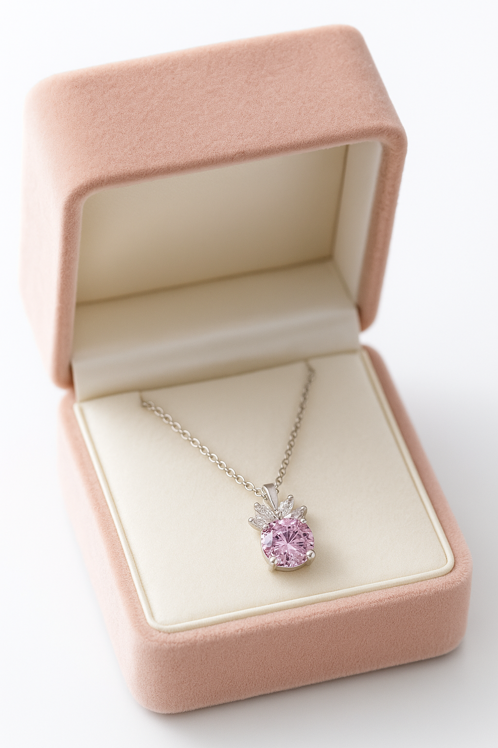 Pink Floral CZ Pendant Necklace in White Gold Finish