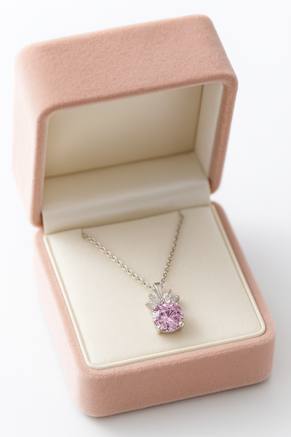 Pink Floral CZ Pendant Necklace in White Gold Finish