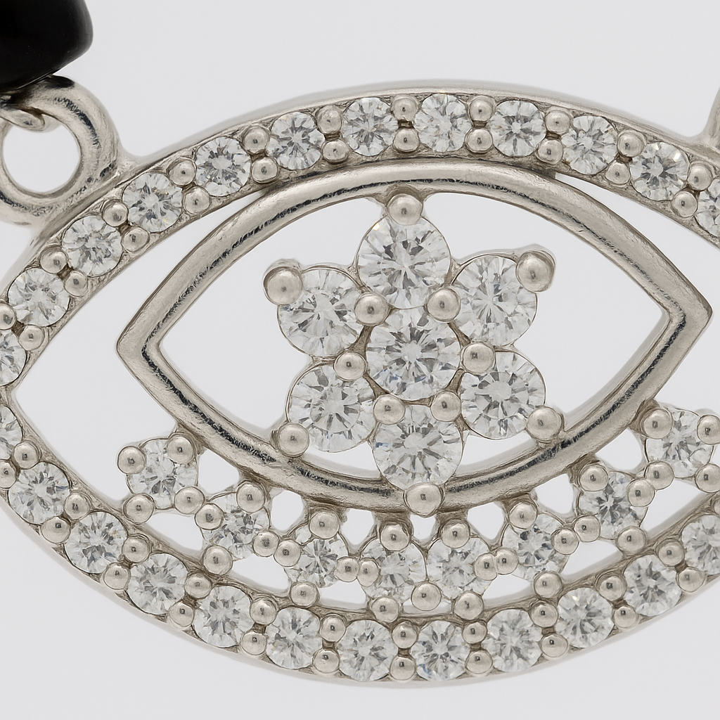 Silver Tone Evil Eye CZ Pendant Necklace with Black Beads for Women