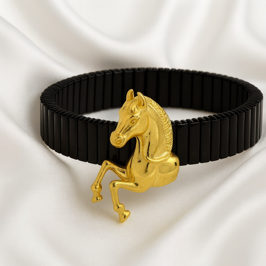 Premium Horse Design Men’s Bracelet Black Ceramic Stretch Band with Gold 3D Running Horse