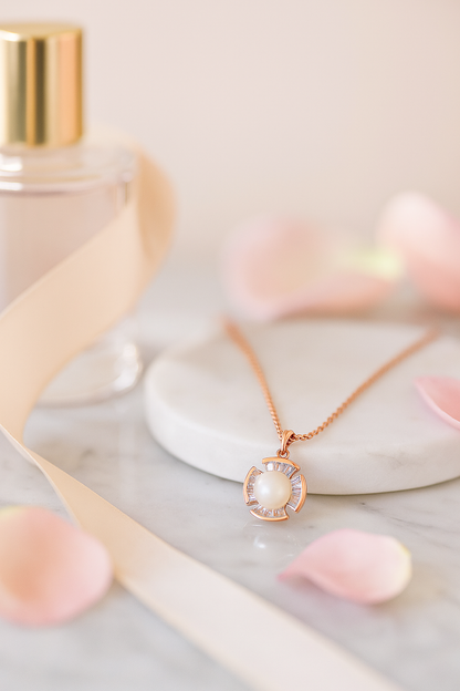 Elegant Pearl Pendant Necklace in Rose Gold Finish with Sparkling Stones