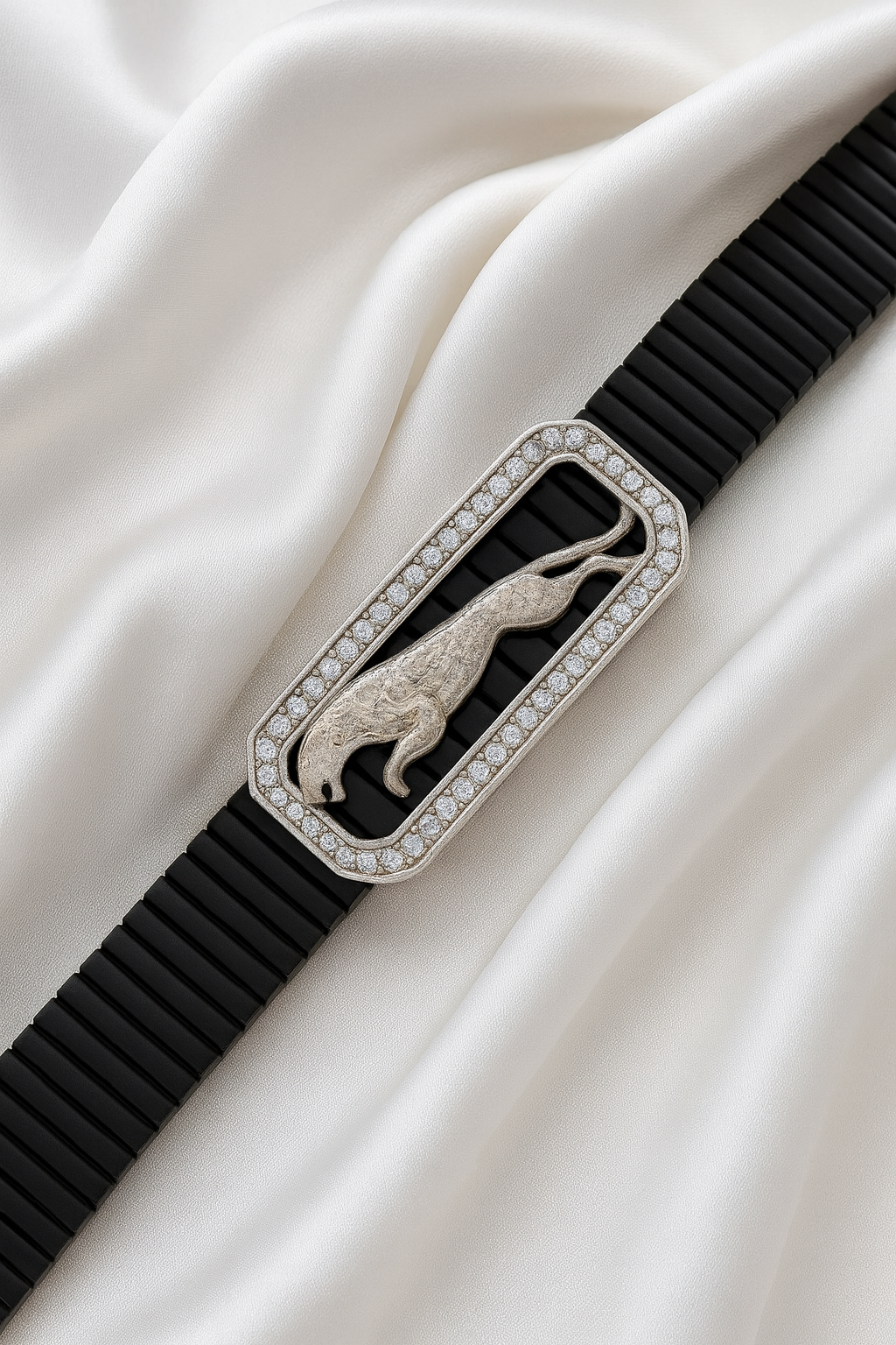 Premium Jaguar Logo Men’s Bracelet Black Ceramic Stretch Band with Silver CZ Plate