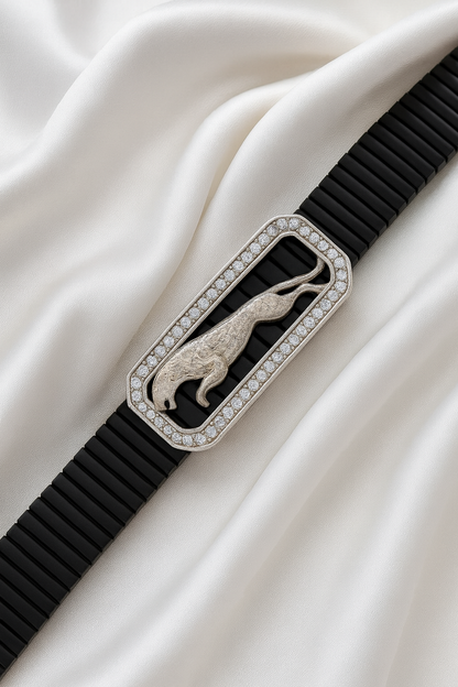 Premium Jaguar Logo Men’s Bracelet Black Ceramic Stretch Band with Silver CZ Plate