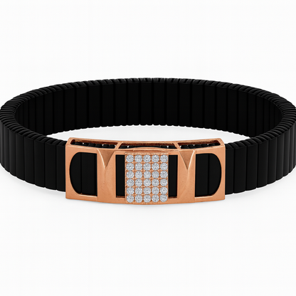 Premium Silver Designer Men’s Bracelet Black Ceramic Stretch Band with CZ Studded Centerpiece