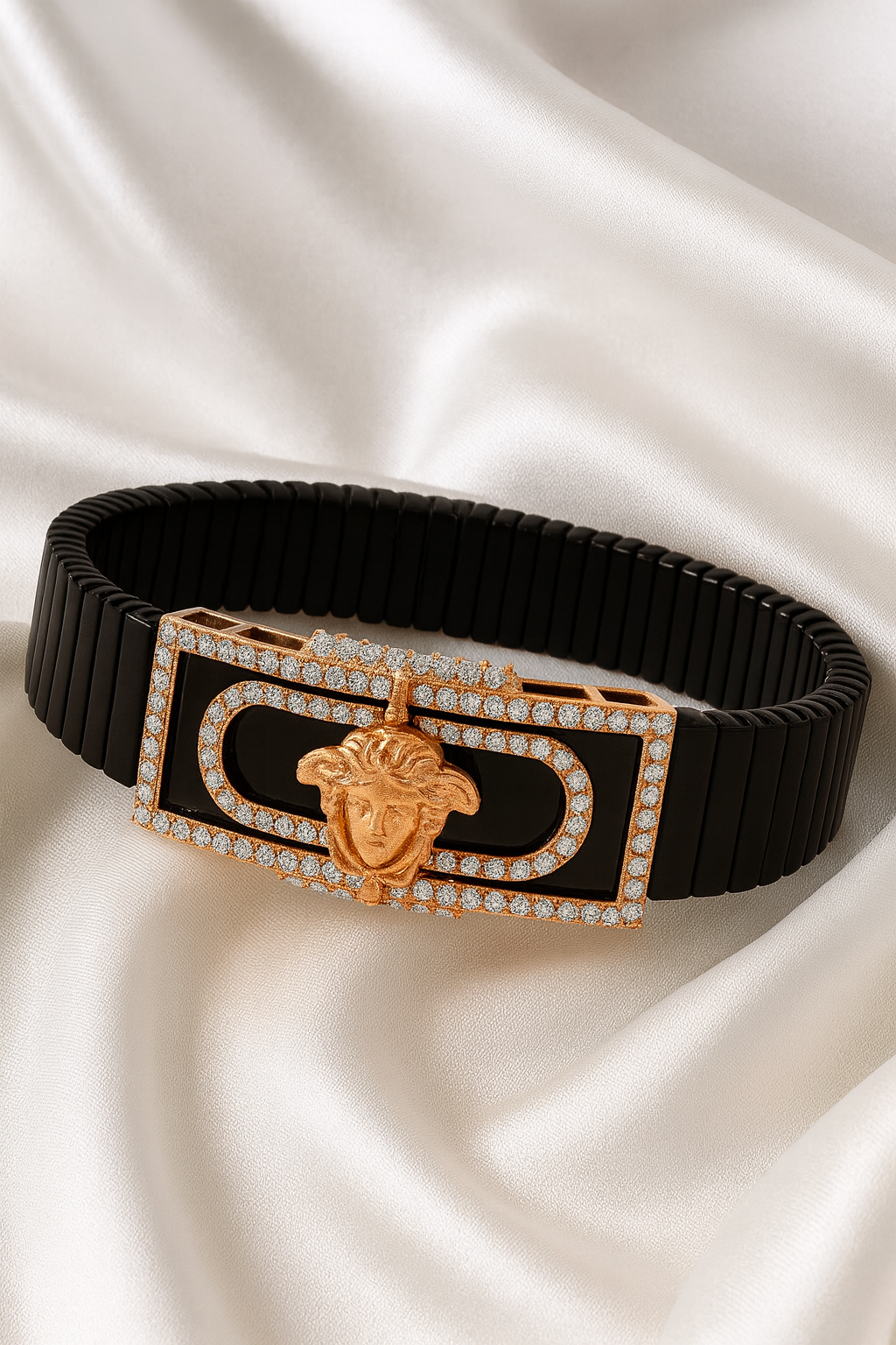 Premium Versace Style Men’s Bracelet Black Ceramic Stretch Band with Rose Gold CZ Plate