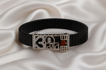 Shiva Trishul Damru Rudraksha Men’s Bracelet Rose-Gold Ceramic Stretch Band with CZ Devotional Detailing