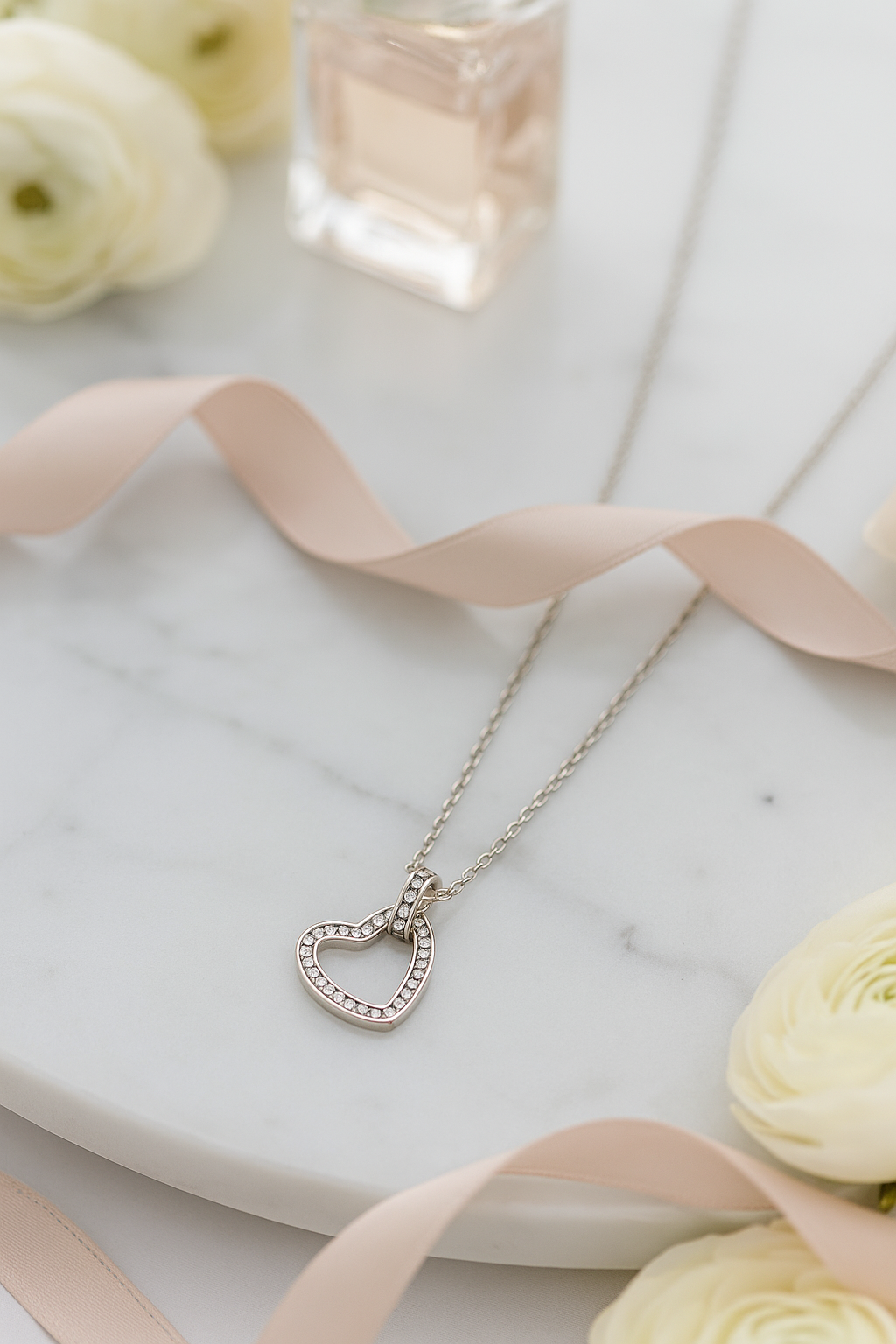 Elegant Open Heart Pendant Necklace with CZ Stones in White Gold Finish