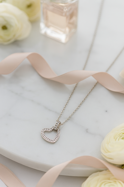 Elegant Open Heart Pendant Necklace with CZ Stones in White Gold Finish