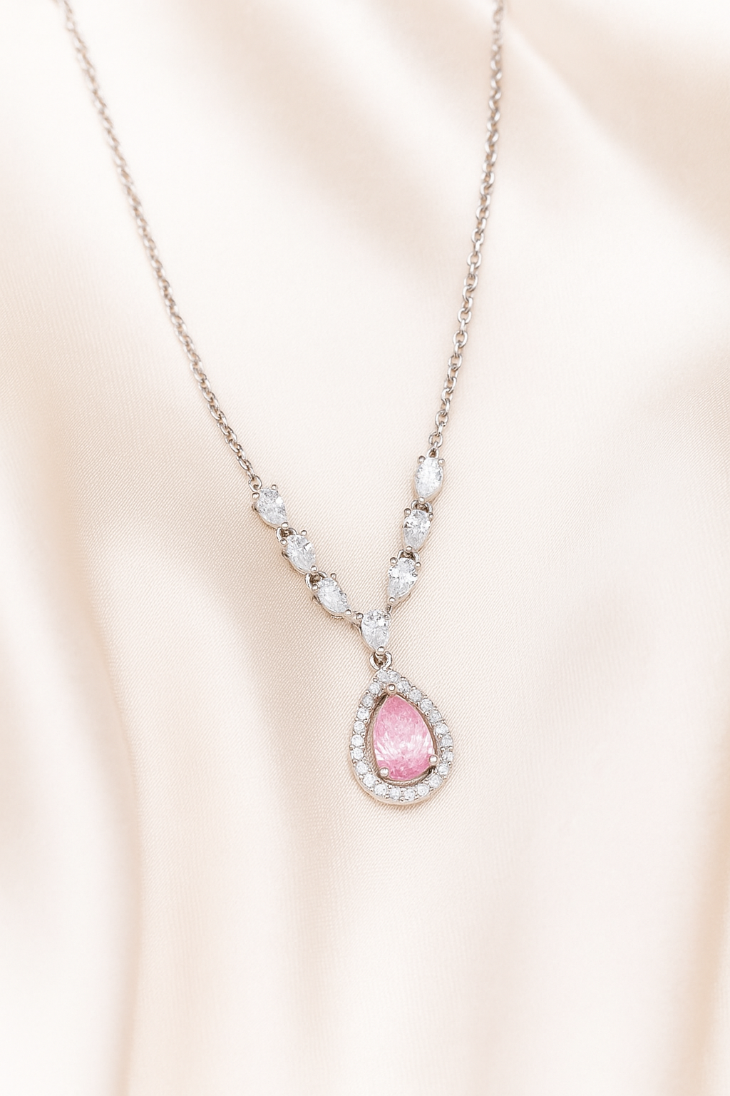 Pink Teardrop Pendant Necklace White Gold Finish with Halo CZ Stones