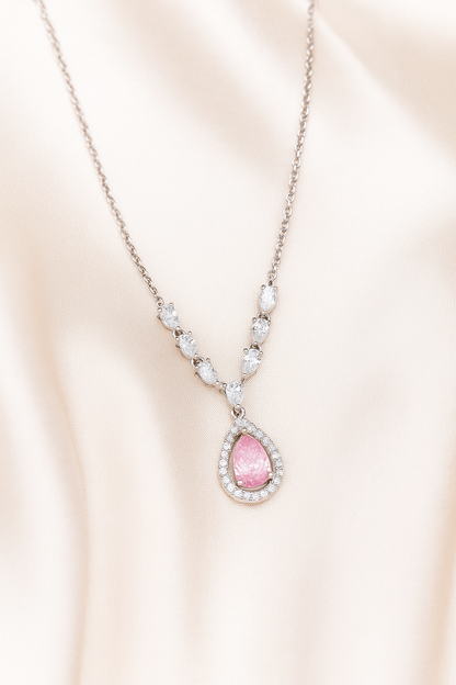 Pink Teardrop Pendant Necklace White Gold Finish with Halo CZ Stones