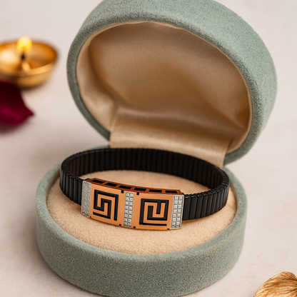 Premium Greek Pattern Men’s Bracelet Black Ceramic Stretch Band with Rose Gold CZ Accents