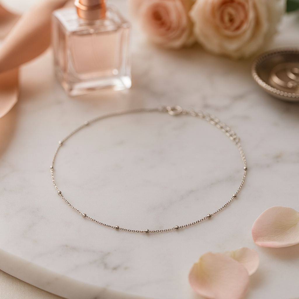 Elegant Silver Minimal Beads Anklet for Women & Girls | Dainty Daily Wear Adjustable Chain Anklet