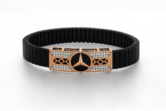 Mercedes Logo Men’s Bracelet Black Ceramic Stretch Band with Rose Gold CZ Designer Plate