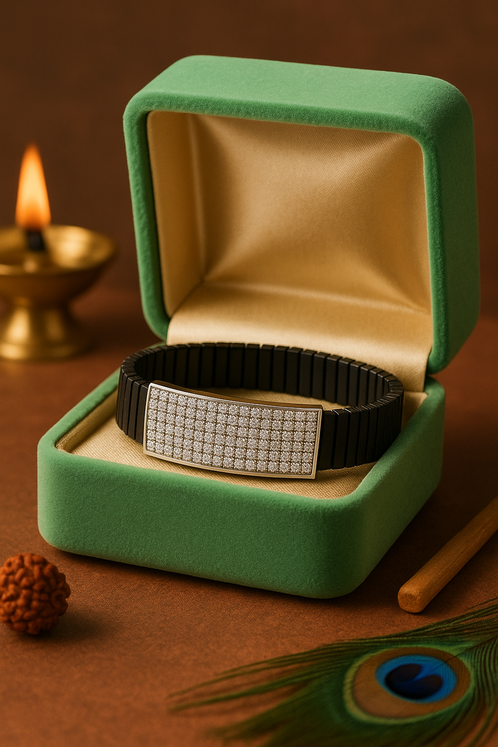 Premium Men’s Silver CZ Plate Bracelet Black Ceramic Stretch Band Luxury Designer Style