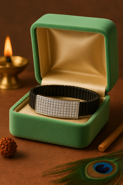 Premium Men’s Silver CZ Plate Bracelet Black Ceramic Stretch Band Luxury Designer Style