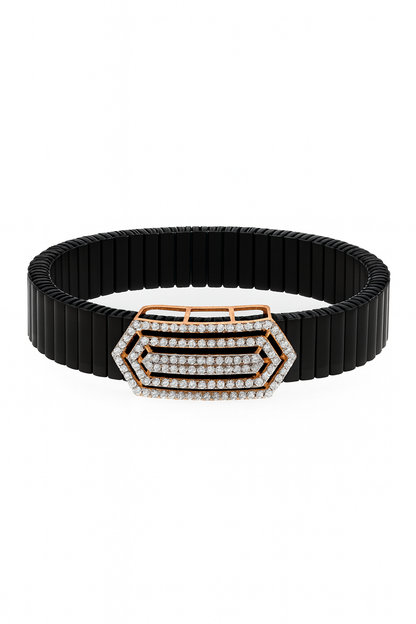 Premium Geometric Layered Men’s Bracelet Black Ceramic Stretch Band with Rose Gold CZ Plate