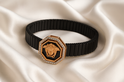 Premium Octagon Medusa Men’s Bracelet Black Ceramic Stretch Band with Rose Gold CZ Frame