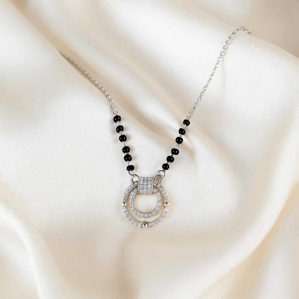 Silver Tone CZ Circle Pendant Necklace with Black Beads for Women