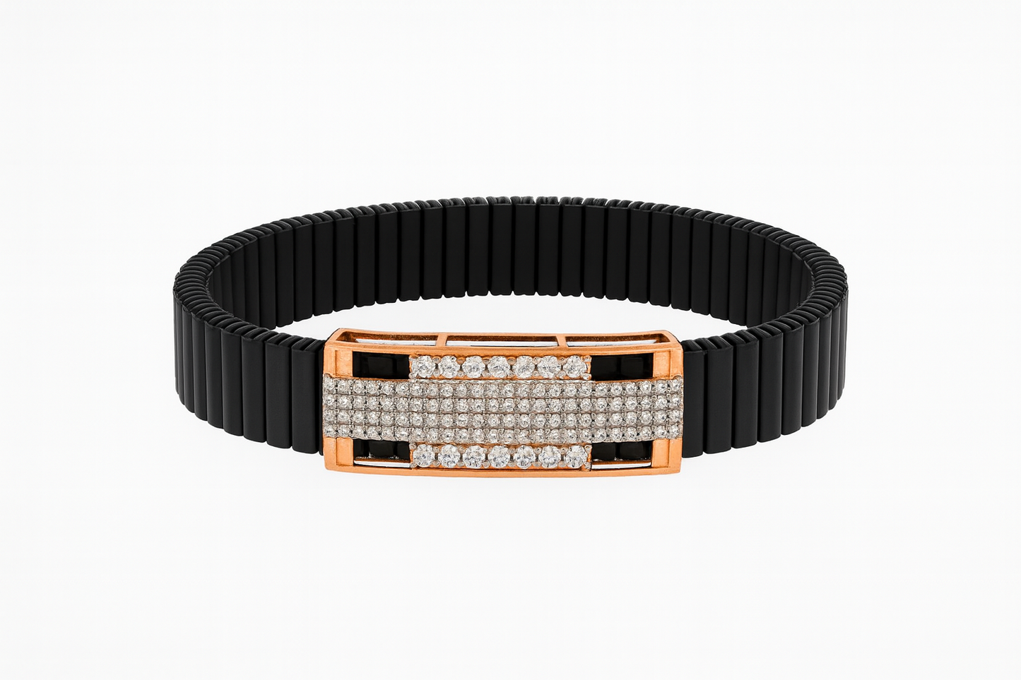 Premium Black Ceramic Men’s Bracelet with Rose Gold CZ Plate | Luxury Daily Wear Stretch Bracelet