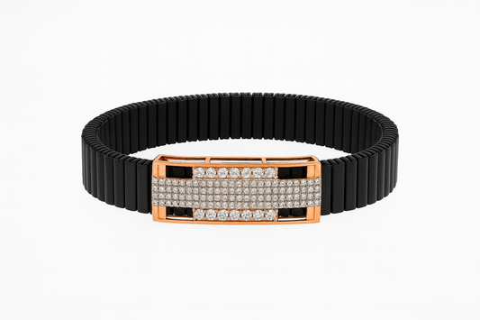 Premium Black Ceramic Men’s Bracelet with Rose Gold CZ Plate | Luxury Daily Wear Stretch Bracelet