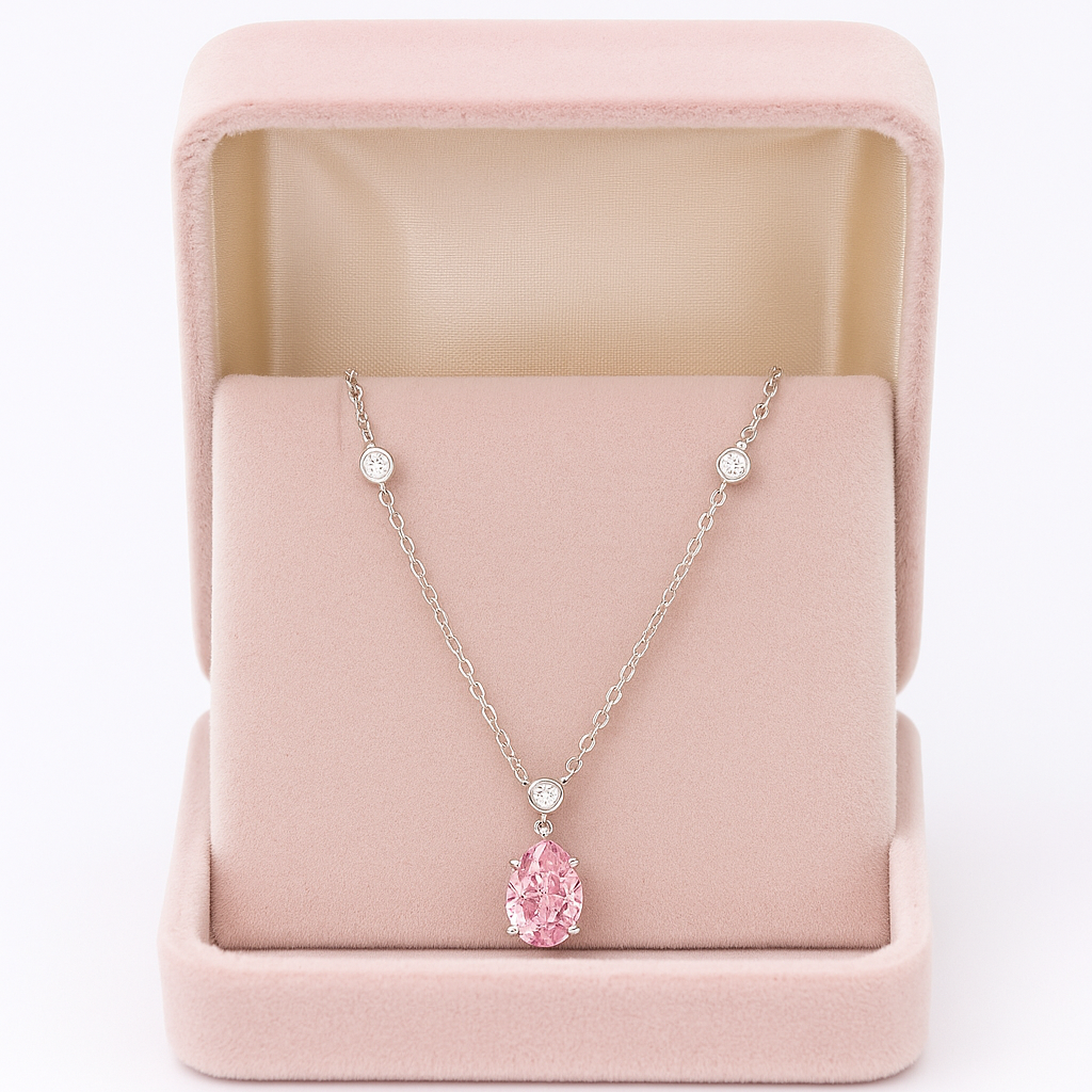 Pink Teardrop Pendant Necklace White Gold Finish with CZ Accents
