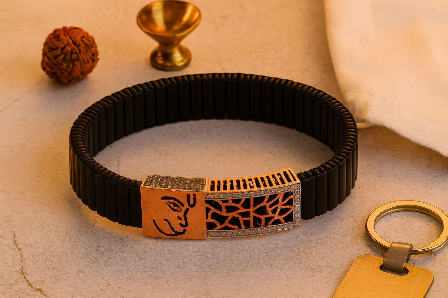 Premium Hanuman Engraved Men’s Bracelet Black Ceramic Stretch Band with Rose Gold Cutwork CZ Frame