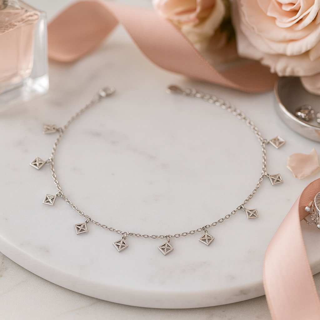 Elegant Silver Geometric Square Charm Anklet for Women & Girls | Minimal Daily Wear Adjustable Chain Anklet