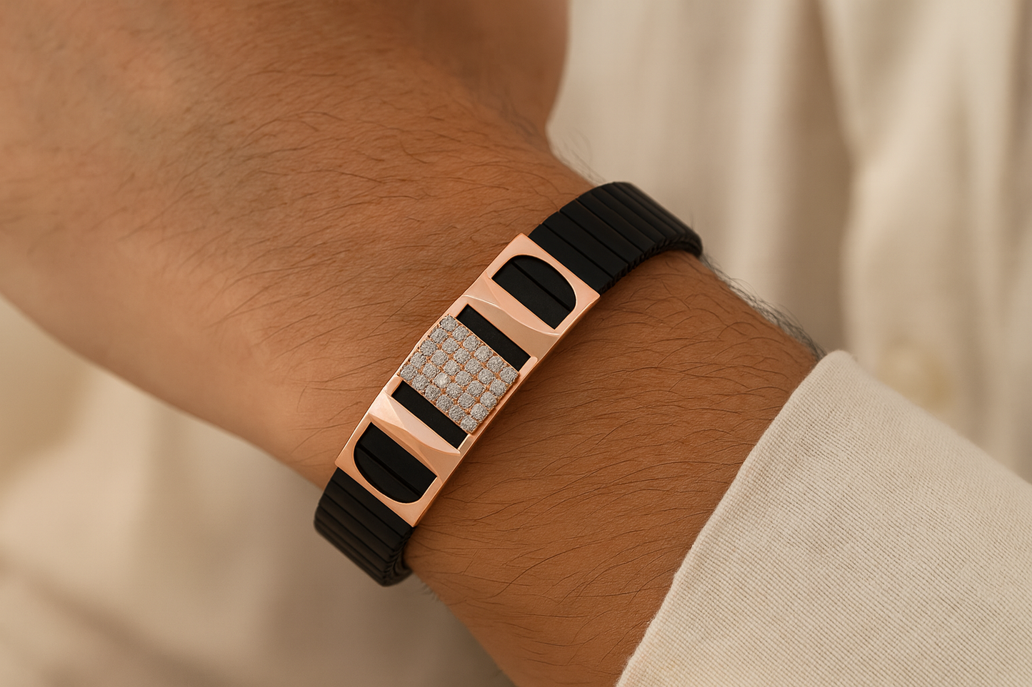 Premium Silver Designer Men’s Bracelet Black Ceramic Stretch Band with CZ Studded Centerpiece