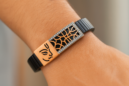 Premium Hanuman Engraved Men’s Bracelet Black Ceramic Stretch Band with Rose Gold Cutwork CZ Frame