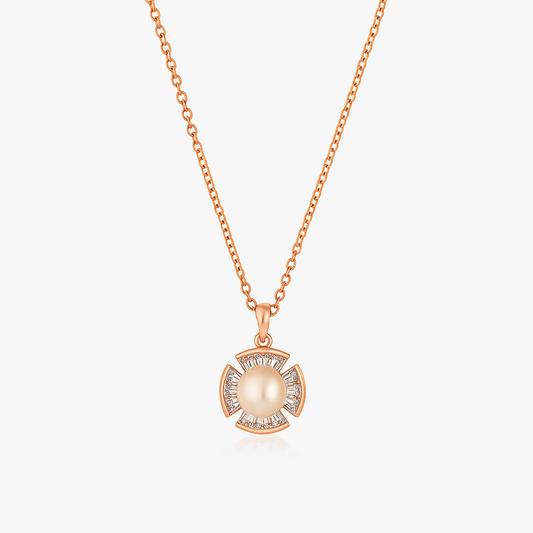 Elegant Pearl Pendant Necklace in Rose Gold Finish with Sparkling Stones
