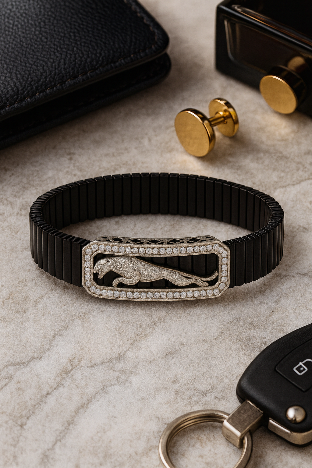 Premium Jaguar Logo Men’s Bracelet Black Ceramic Stretch Band with Silver CZ Plate