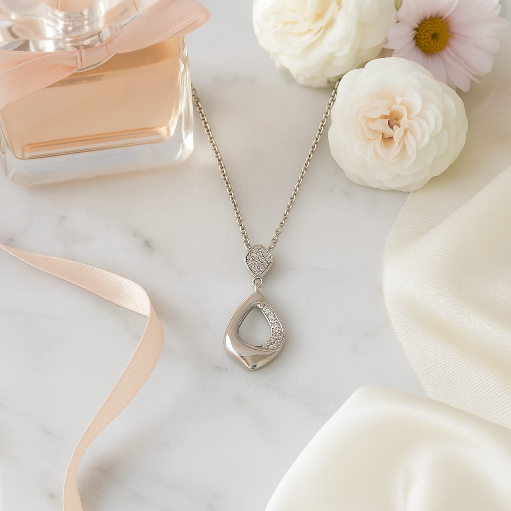 Modern Drop Pendant Necklace White Gold Finish with CZ Cluster Design