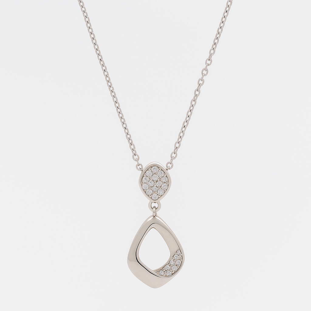 Modern Drop Pendant Necklace White Gold Finish with CZ Cluster Design