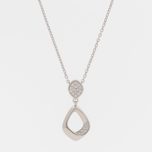 Modern Drop Pendant Necklace White Gold Finish with CZ Cluster Design