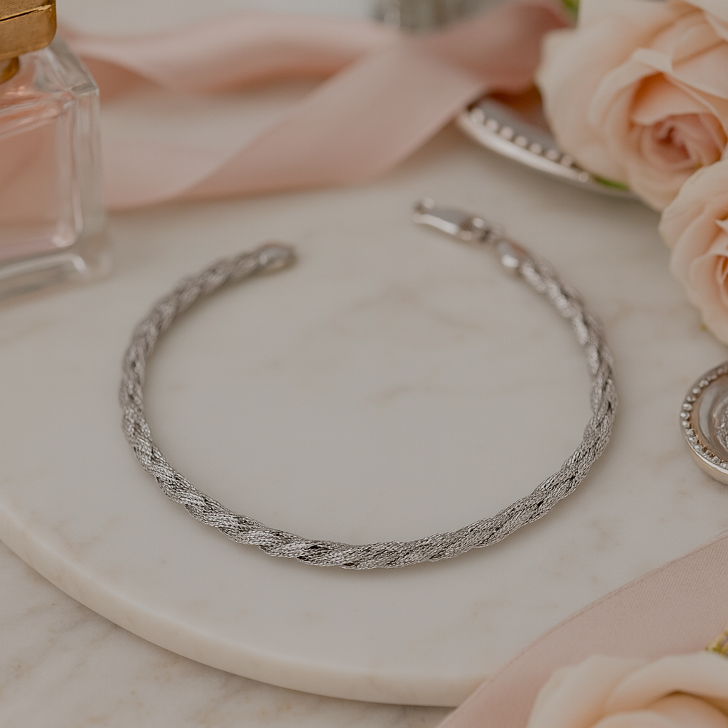 Elegant Silver Braided Rope Anklet for Women & Girls | Minimal Textured Daily Wear Adjustable Ankle Bracelet