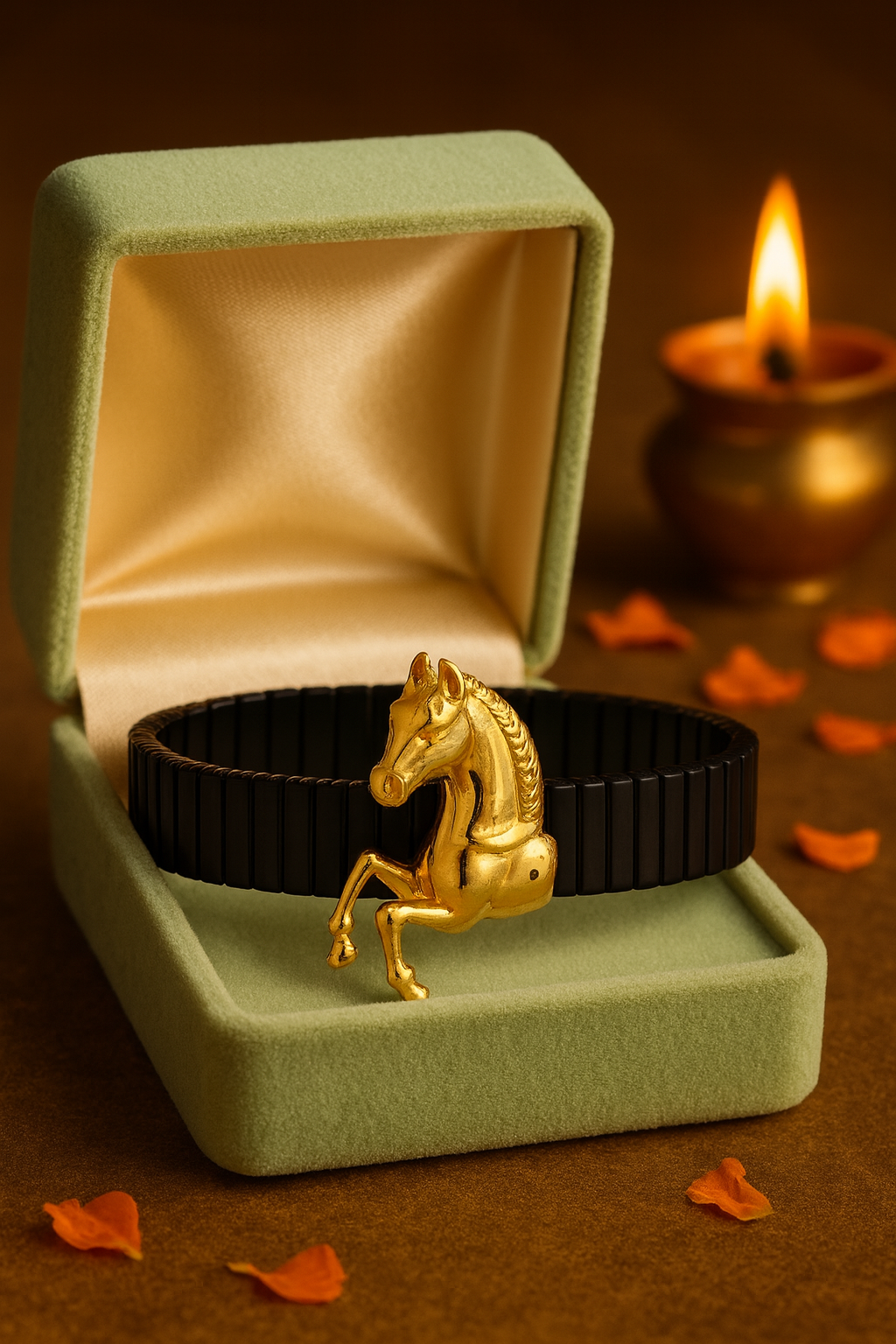 Premium Horse Design Men’s Bracelet Black Ceramic Stretch Band with Gold 3D Running Horse