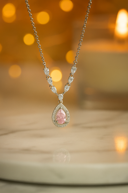 Pink Teardrop Pendant Necklace White Gold Finish with Halo CZ Stones