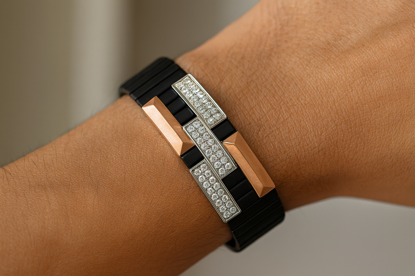 Premium Men’s Bracelet Black Ceramic Stretch Band with Silver ZigZag CZ Designer Plate