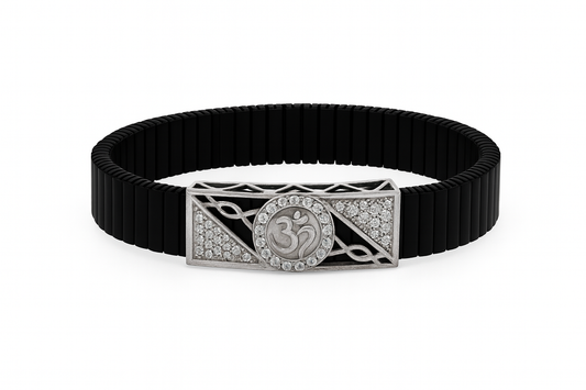 Premium Om Designer Men’s Bracelet Black Ceramic Stretch Band with Silver CZ Devotional Plate