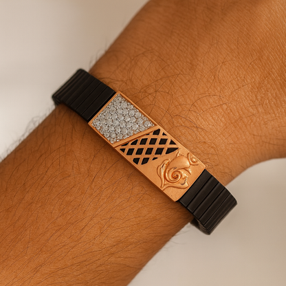 Premium Men’s Designer Bracelet Black Ceramic Stretch Band with Silver CZ Engraved Plate
