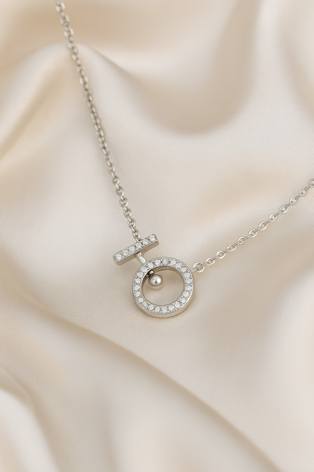 Premium Toggle Design Women’s Necklace White Gold Finish with CZ Circle Pendant