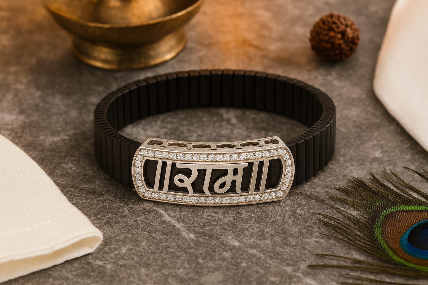 Premium Ram Name Men’s Bracelet Blue Ceramic Stretch Band with Rose Gold CZ Frame