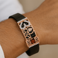 Shiva Trishul Damru Rudraksha Men’s Bracelet Rose-Gold Ceramic Stretch Band with CZ Devotional Detailing