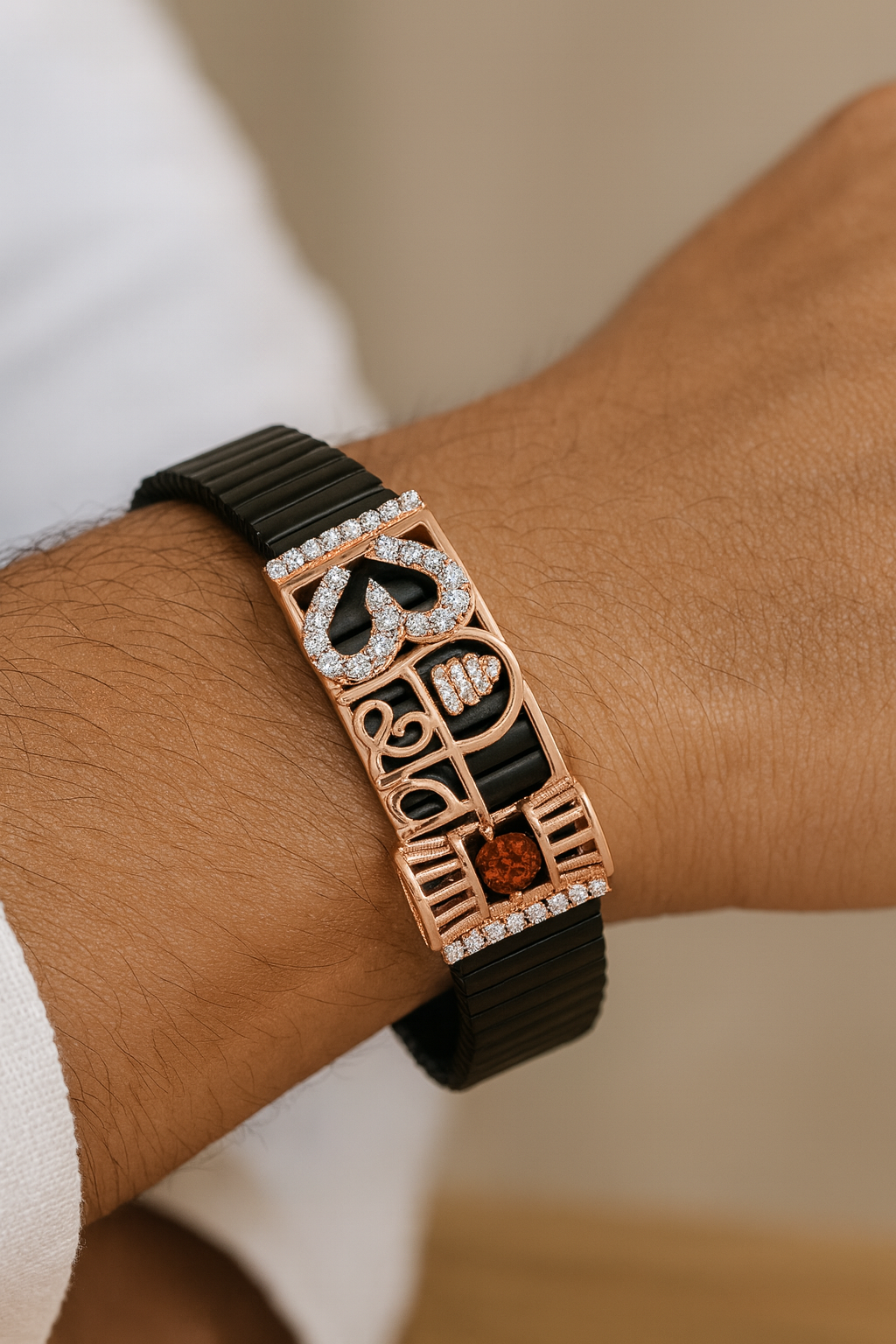 Shiva Trishul Damru Rudraksha Men’s Bracelet Rose-Gold Ceramic Stretch Band with CZ Devotional Detailing