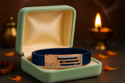 Premium Ganesha Men’s Bracelet Blue Ceramic Stretch Band with Rose-Gold CZ Devotional Plate