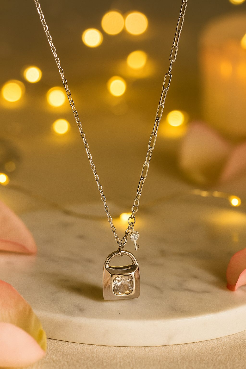 Minimal Lock Pendant Necklace with CZ Stone in White Gold Finish