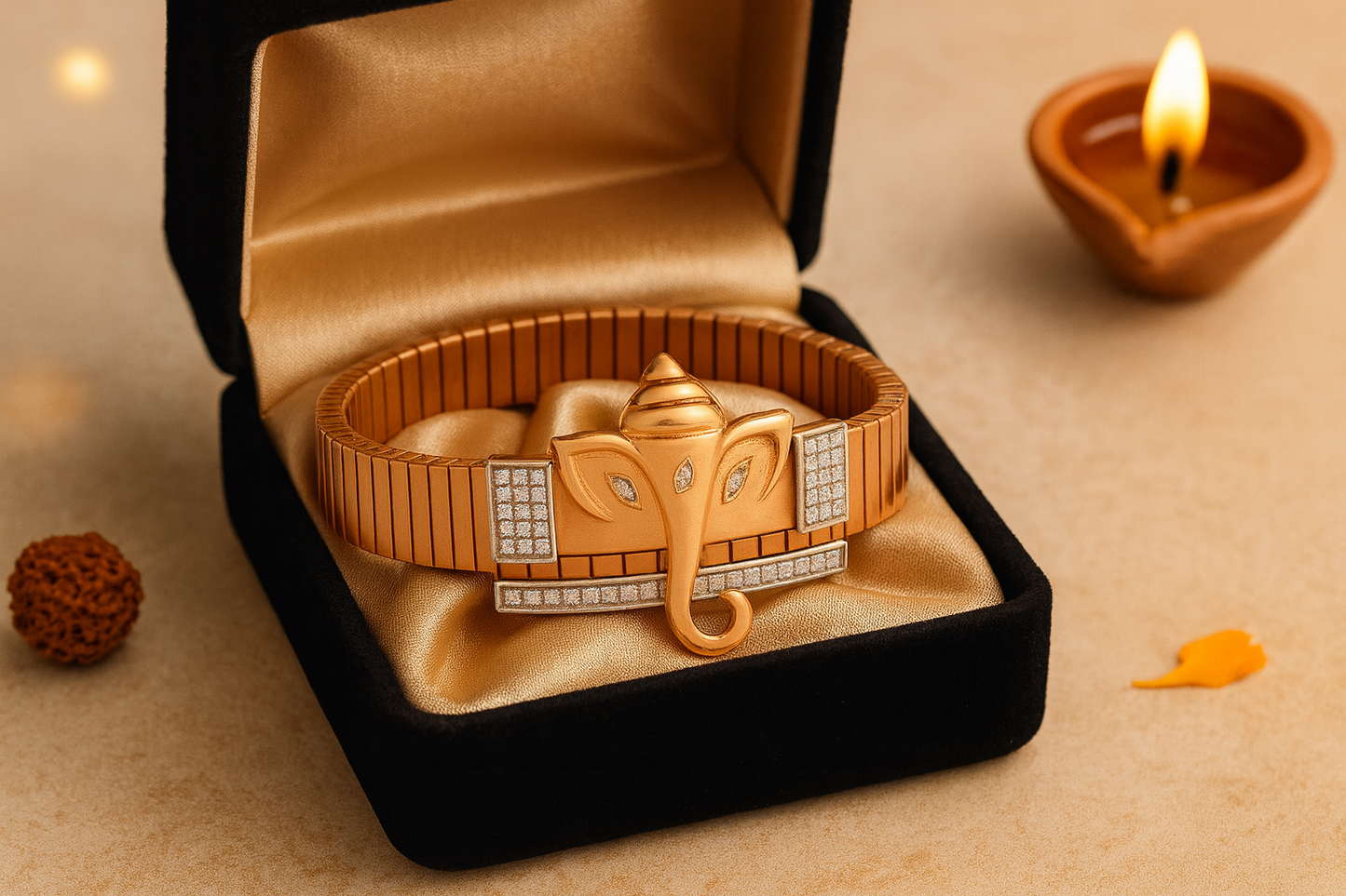 Premium Ganesh Designer Men’s Bracelet Rose-Gold Ceramic Stretch Band with CZ Embellished Detailing